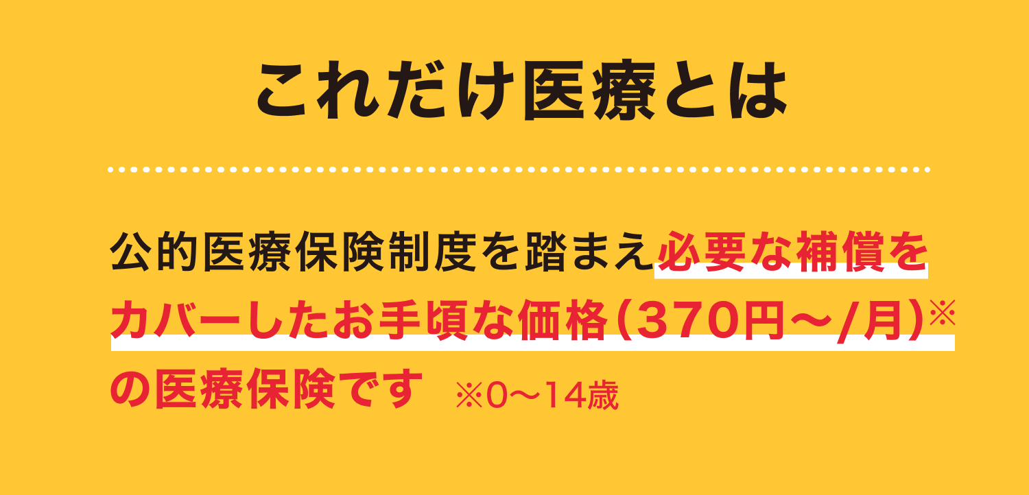これだけ医療とは 公的医療保険制度を踏まえ必要な補償をカバーしたお手頃な価格（370円～/月）※の医療保険です ※0〜14歳