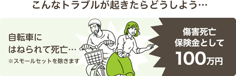 こんなトラブルが起きたらどうしよう…自転車にはねられて死亡…傷害死亡保険金として100万円※スモールセットを除きます。