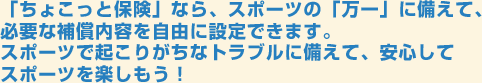 「ちょこっと保険」なら、スポーツの「万一」に備えて、必要な補償内容を自由に設定できます。スポーツで起こりがちなトラブルに備えて、安心してスポーツを楽しもう！