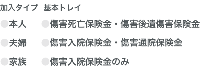 ●本人　●傷害死亡保険金・傷害後遺傷害保険金●夫婦　●傷害入院保険金・傷害通院保険金●家族　●傷害入院保険金のみ