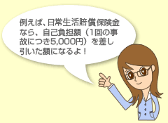 例えば、個人賠償責任保険金なら、自己負担額（1回の事故につき5,000円）を差し引いた額になるよ！