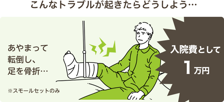 こんなトラブルが起きたらどうしよう…あやまって転倒し、足を骨折…入院費として1万円※スモールセットのみ