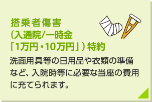 搭乗者傷害（入通院/一時金「1万円・10万円」）特約：洗面用具等の日用品や衣類の準備など、入院時等に必要な当座の費用に充てられます。