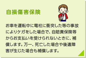 自損傷害保険：お車を運転中に電柱に衝突した等の事故によりケガをした場合で、自賠責保険等からお支払いを受けられないときに、補償します。万一、死亡した場合や後遺障害が生じた場合も補償します。